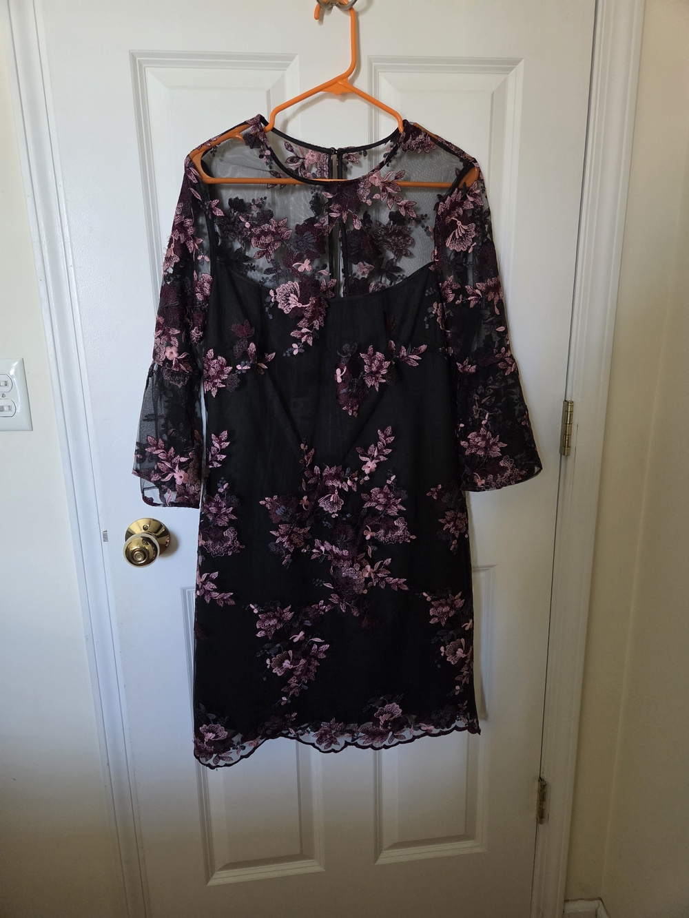 White House Black Market Black Dress with Pink Floral Embroidery Size 12